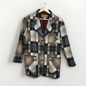 JL Colebrook Women's Medium Plaid Patchwork Button Up Coat Lined Wool Blend